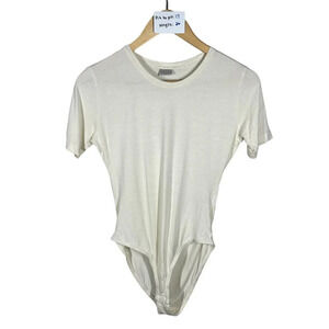 Marco Pecci Cream Bodysuit Short Sleeve Crew Neck Womens Size L Soft Lightweight